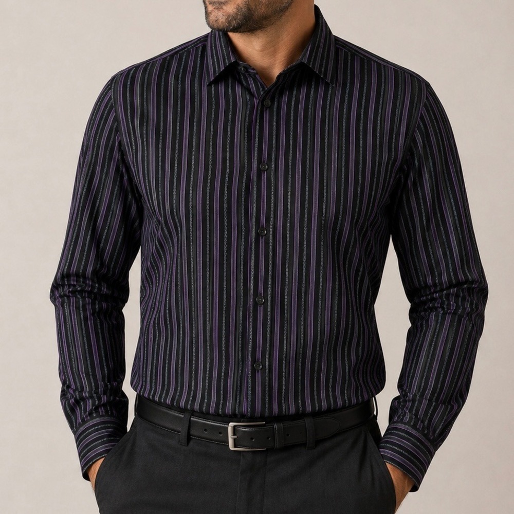 Marc Anthony Men's XXL Slim Fit Black Purple Striped Long Sleeve Button Up Shirt